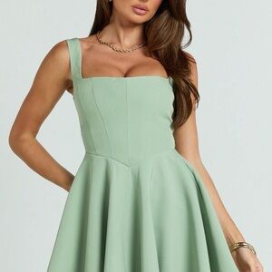 Showpo Sage Green Square Neck Fit & Flare Midi Dress